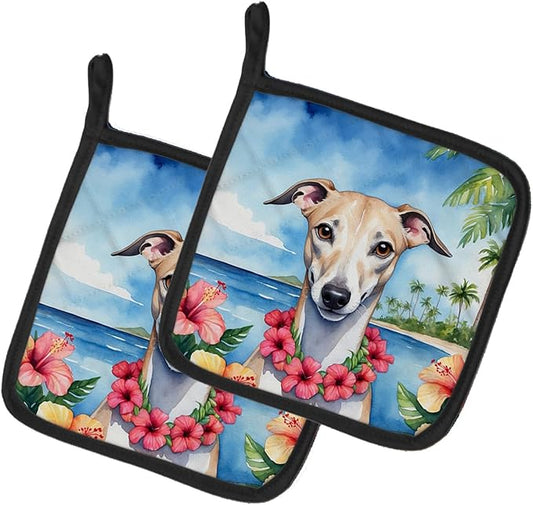 Caroline's Treasures Whippet Luau Pair of Pot Holders Kitchen Heat Resistant Pot Holders Sets Oven Hot Pads for Cooking Baking BBQ, 7 1/2 x 7 1/2