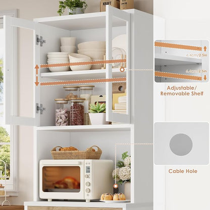 71“ Tall Kitchen Pantry Storage Cabinet with Microwave Stand, Buffet Kitchen Hutch with Shelves and Drawers, Wood Coffee Bar Pantry Cabinet with Glass Doors, for Dining Room/Small Space, Khaki