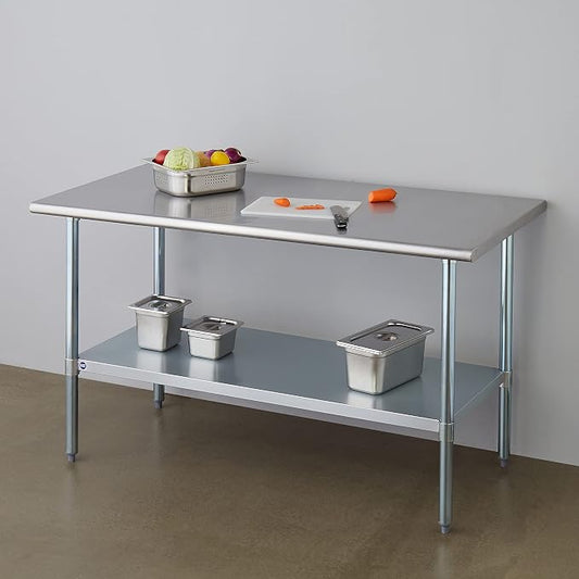 ROCKPOINT Stainless Steel Table for Prep & Work 30x60 Inches, NSF Metal Commercial Kitchen Heavy Duty Table with Adjustable Under Shelf and Table Foot for Restaurant, Home and Hotel