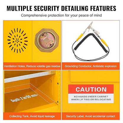 VEVOR Flammable Cabinet 18" x 43" x 50", Cold-Rolled Steel Flammable Liquid Storage Cabinet 34 Gal with 2 Adjustable Shelves/2 Manual Closing Doors for Industrial Use, Yellow