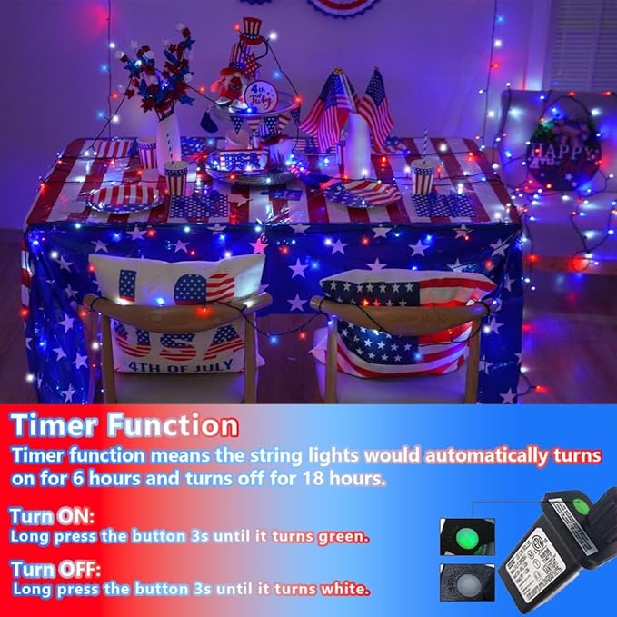 YEGUO 500 LED Red White and Blue String Lights Outdoor 4th of July Decorations - 165ft Patriotic Lights Plug in with 8 Modes for Memorial Independence Day Decor