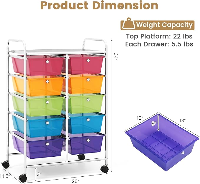 HOMGX Rolling Cart with 10 Drawers, 10 Tiers Multicolor Trolley, Drawer Bin Carts with 2 Lockable Wheels, Adjustable File & Debris Organizer Cart, Rolling Storage Cart for Office, School, Home