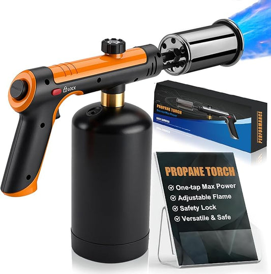 Propane Torch Gun With One-Touch Max Fire, Adjustable Kitchen Torch, Powerful Propane Torch With Many Safety Features(Tank Not Included)