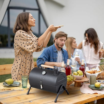 Portable Charcoal Grill for Outdoor BBQ with Thermometer, Tabletop Barbecue Grill with Chimney for Outdoor Camping Backyard Party BBQ Cooking, Extra Thick Steel & Heavy Duty, Innovative Design