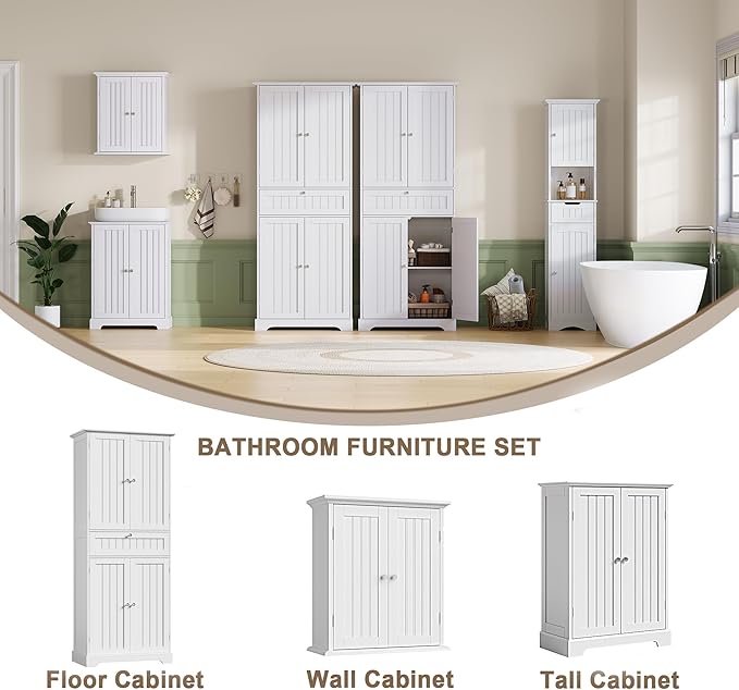 ChooChoo 72" H Bathroom Floor Cabinet with Drawers and Adjustable Shelves | Bathroom Storage Cabinet, Freestanding Kitchen Pantry Cupboard with 4 Doors for Living Room, White