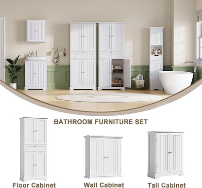 ChooChoo 72" H Bathroom Floor Cabinet with Drawers and Adjustable Shelves | Bathroom Storage Cabinet, Freestanding Kitchen Pantry Cupboard with 4 Doors for Living Room, White