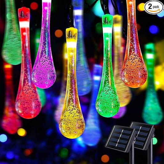 JMEXSUSS 2 Pack Solar String Lights Outdoor, Total 60LED 41.6FT, Water Drop | Outdoor Waterproof, Teardrop, 8 Modes Multi Colored Christmas Lights for Outside Garden Patio Yard Tree Christmas Decorations