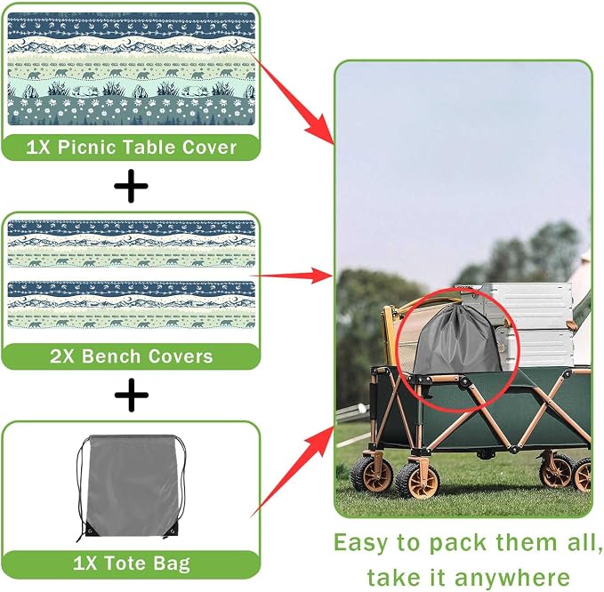 Picnic Table Cover with Bench Covers and Bag, Camping Essentials, Bohemian Waterproof Windproof Camping Tablecloth, Fitted Tablecloth Cover with Elastic Edge, for Garden & Outdoor, 3 PCS, 30x96 Inch