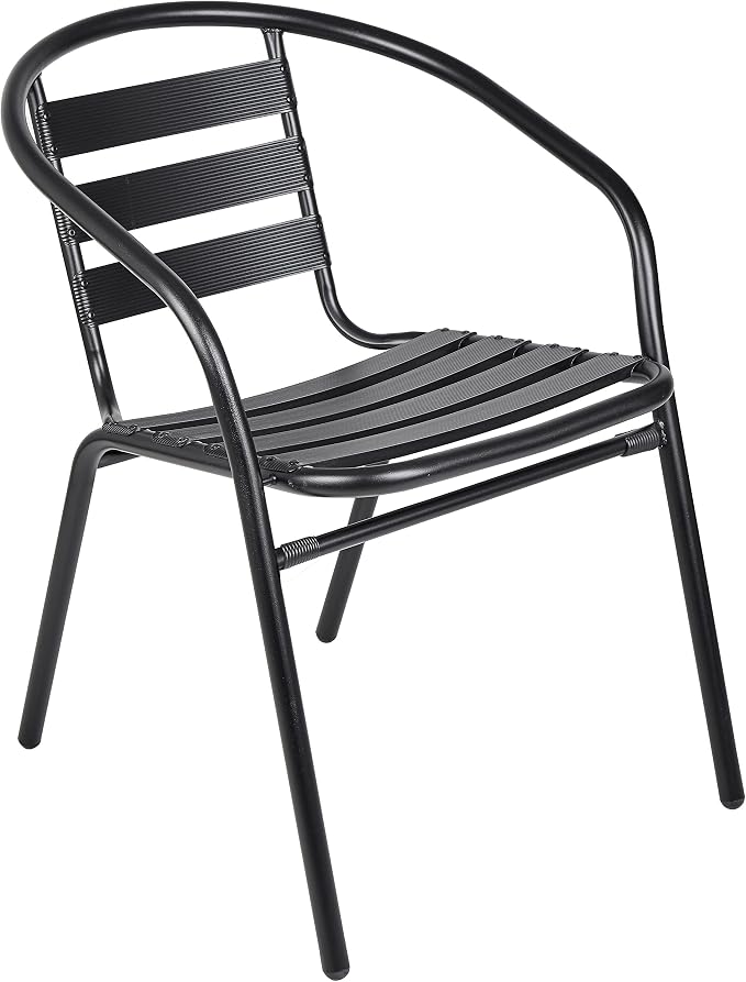 Indoor Outdoor Set of 3 Black Restaurant Metal Aluminum Slat Stack Chairs Lightweight