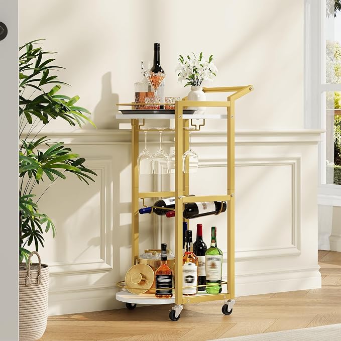 HOOBRO Bar Cart, Bar Cart for The Home, Home Bar Serving Cart on Wheels, Rolling Wine Cart with Wine Rack and Glass Holder, Beverage Cart for Bar, Kitchen, Dining Room, White and Gold DM48TC01