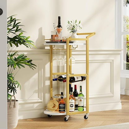 HOOBRO Bar Cart, Bar Cart for The Home, Home Bar Serving Cart on Wheels, Rolling Wine Cart with Wine Rack and Glass Holder, Beverage Cart for Bar, Kitchen, Dining Room, White and Gold DM48TC01