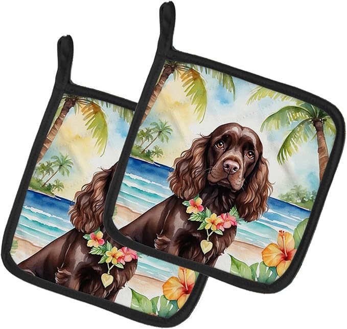 Caroline's Treasures Cocker Spaniel Luau Pair of Pot Holders Kitchen Heat Resistant Pot Holders Sets Oven Hot Pads for Cooking Baking BBQ, 7 1/2 x 7 1/2