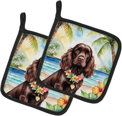 Caroline's Treasures Cocker Spaniel Luau Pair of Pot Holders Kitchen Heat Resistant Pot Holders Sets Oven Hot Pads for Cooking Baking BBQ, 7 1/2 x 7 1/2