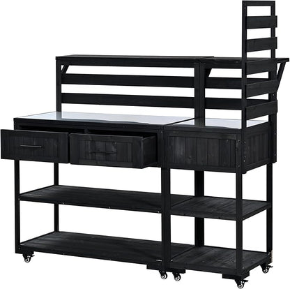GDFStudio Elshire Patio Kitchen Island Cart with Storage, Wooden Outdoor Storage Cabinet with Stainless Steel BBQ Prep Table Top, Drawers, Raised Shelf and Lockable Wheels, Garden Potting Bench, Black