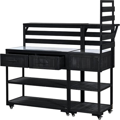 Outdoor Kitchen Cart with Stainless Steel Top, 62.3 Inch | Fir wood frame, stainless surface, raised shelf, fixed shelf, 2 lockable wheels, split-use design, BBQ prep, patio garden use