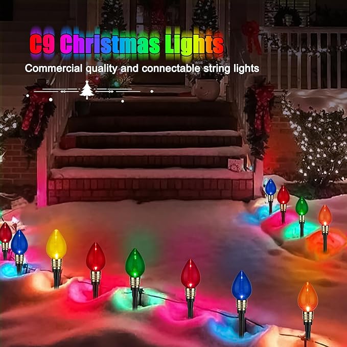 Brightown 4 Pack C9 Christmas Pathway Lights Outdoor, Total 69.6 Ft 40 C9 Pathway Lights, Waterproof Connectable Christmas Walkway Light for Yard Ground Sidewalk Driveway