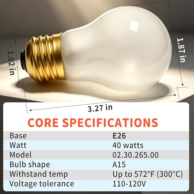 Heat Light Bulb 40 Watt Compatible with Hatco Oven 02.30.265.00 E26 Base | High Temp Oven Light Bulb A15 120V for Commercial Food Warming Cabinets and Displays Replace 02.30.265, 02.30.265.12 2-Pack