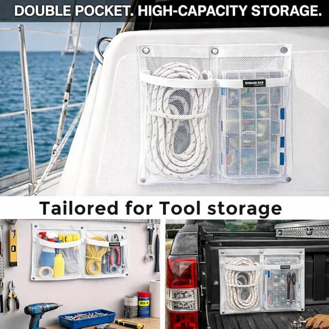 Marine Mesh Double Pocket Boat Gear Storage Bag, Polyester Boat Rope Storage Bag, Screw Snap Mount, (White, Large)