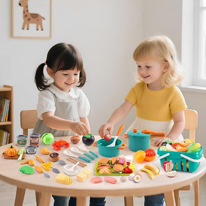 240Pcs Kids Mini Play Kitchen Accessories, Play Pans, Pots, Cookware with Desserts, Cuttable Veggies & BBQ Set & Storage Basket, Prop Money, Learning Gift for Child，Toddlers, Child, Green