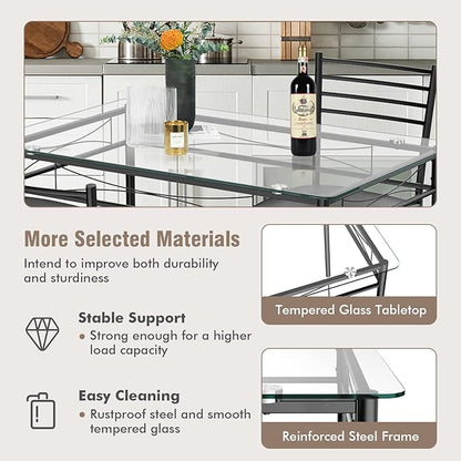 Tangkula Dining Table Set, 5 Pieces Dining Set with Tempered Glass Top Table and 4 Chairs, Kitchen Dining Room Furniture, Black