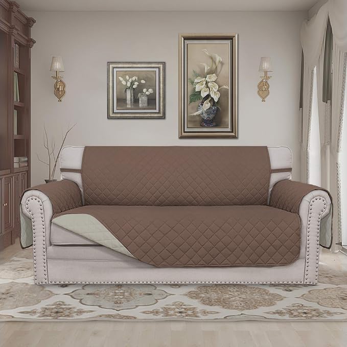 Easy-Going Sofa Slipcover Reversible Loveseat Sofa Cover Couch Cover for 2 Cushion Couch Furniture Protector with Elastic Straps for Pets Kids Dog Cat (Oversized Loveseat, Brown/Beige) | Oversized Loveseat Slipcover For Dogs, Water Resistant Mat, Livin...