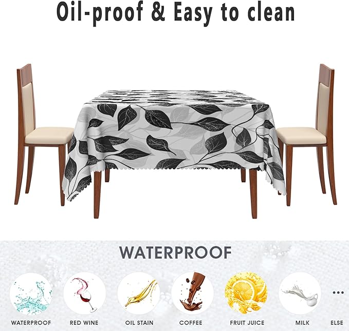 Black and White Leaves Tablecloth 60x60 Inch Square Floral Plants Farmhouse Table Cloth Kitchen Table Decorations for Home Dinner Party Waterproof Polyester Washable Tables Cover Oilproof