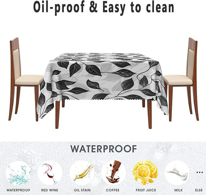 Black and White Leaves Tablecloth 60x60 Inch Square Floral Plants Farmhouse Table Cloth Kitchen Table Decorations for Home Dinner Party Waterproof Polyester Washable Tables Cover Oilproof