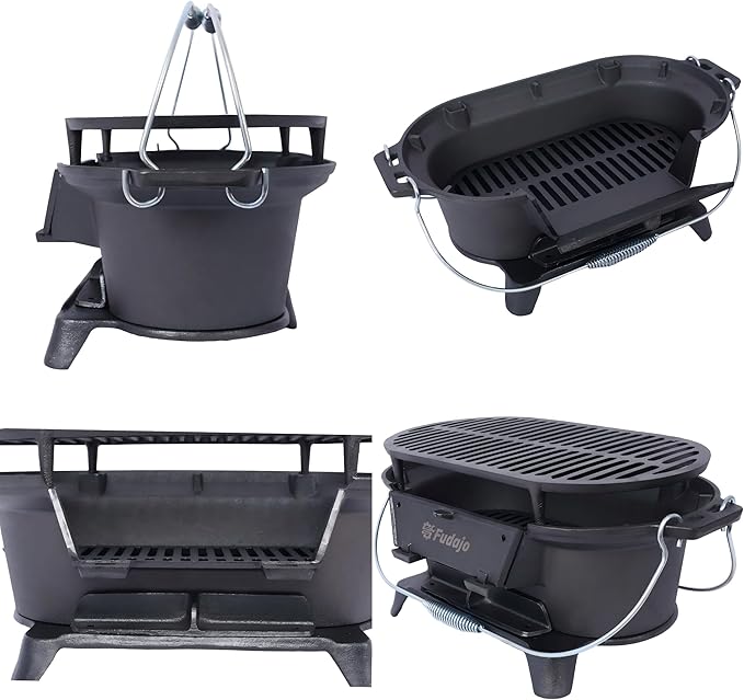 Cast Iron Charcoal Grill, Hibachi Grill Outdoor Portable Charcoal BBQ, Durable Tabletop Skillet Compact Camping Cooker for Tailgating Picnics Hunting (19.6 L × 10.6 W × 8.2 H)
