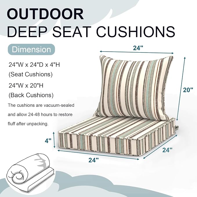 DYTXIII Outdoor Deep Seat Cushion Set, Water Repellent 24"x24" Patio Thick Cushions Replacement with Seat & Back Pillow for Patio Sofa, Wicker Chair, Couch - Stripe Onyx