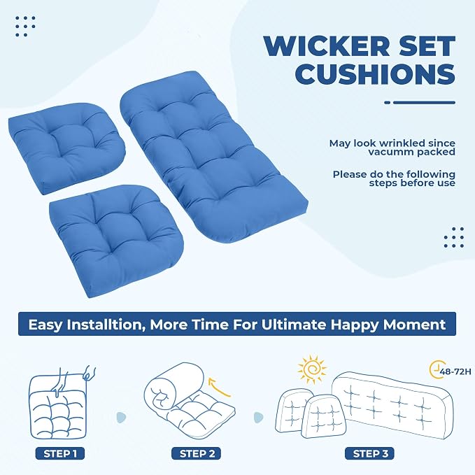 DANGHOOGY Wicker Chair Cushions, Waterproof Outdoor Loveseat Cushions for Patio Furniture, Tufted Wicker Furniture Cushions, 1 Loveseat and 2 U-Shaped Cushions, Royal Blue