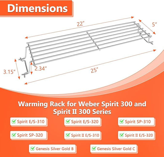 QuliMetal Stainless Steel Warming Rack for Weber Spirit 300, Grill Parts for Weber Spirit 2 300 Series Grills with Front Control Knobs, 7641 Upper Rack for Weber Genesis Silver Gold B/C Grills