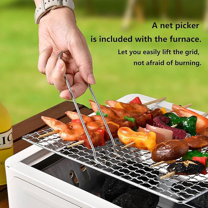 Desk Tabletop Outdoor Charcoal Grill Portable Small BBQ Grill Easy Assembly with Grid Lifter and Stainless Steel Grill Grate for Camping Picnics Garden Beach Party(White B)
