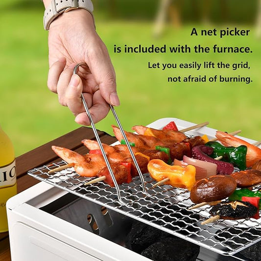 Desk Tabletop Outdoor Charcoal Grill Portable Small BBQ Grill Easy Assembly with Grid Lifter and Stainless Steel Grill Grate for Camping Picnics Garden Beach Party(Black B)