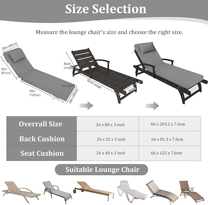 Chaise Lounge Cushions Outdoor Set of 2 Lounge Chair Cushion 80" L x 26" W with Headrest Straps 3'' Thick Waterproof Patio Chaise Cushions Pool Lounger Chair Cushion(Light Gray)