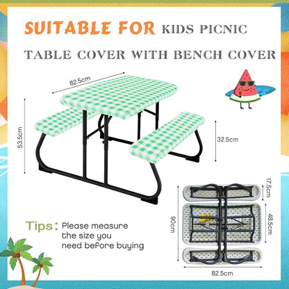 Moukeren 3 Pieces Picnic Table Cover for Kids with Bench Covers Fitted Tablecloth for Outdoors Vinyl Waterproof Cloth for Camping Home Goods Indoor Outdoor Patio BBQ(Green and White Plaid)