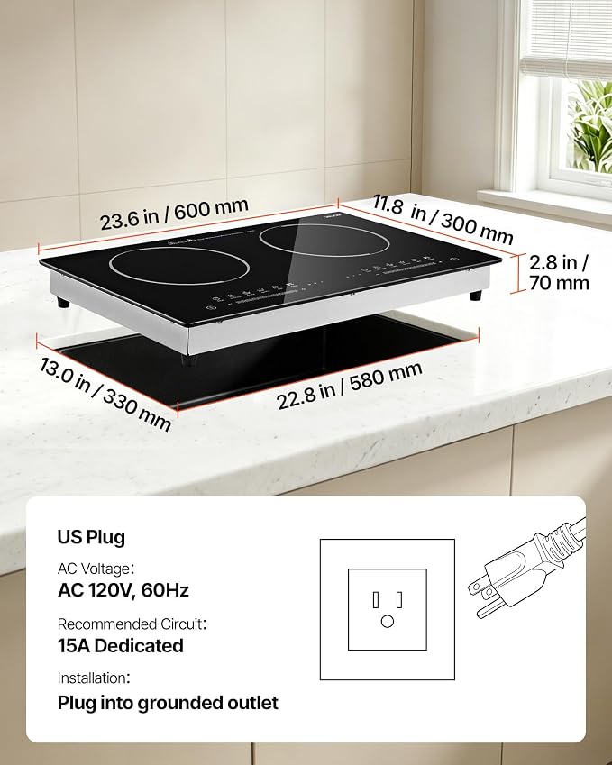 VEVOR Electric Cooktop 24inch 2 Burners Portable Stove Top 1800W 120V, Ceramic Countertop/Built-in Radiant Electric Stove, with 9 Power Levels, Timer, Child Lock, Over-Heat Guard, Touch Control