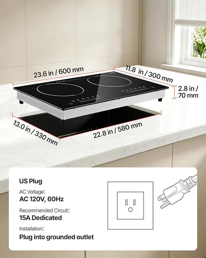 VEVOR Electric Cooktop 24inch 2 Burners Portable Stove Top 1800W 120V, Ceramic Countertop/Built-in Radiant Electric Stove, with 9 Power Levels, Timer, Child Lock, Over-Heat Guard, Touch Control