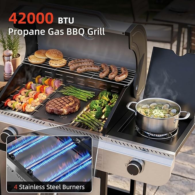 COWSAR 4-Burner Gas Grill, 42000 BTU BBQ Grill, Stainless Steel Barbecue Grill with Side Burner, Enameled Cast Iron Grill, Pull-Out Oil Tray, Suitable For Outdoor, Backyard Barbecues