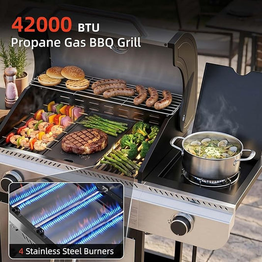 COWSAR 4-Burner Gas Grill, 42000 BTU BBQ Grill, Stainless Steel Barbecue Grill with Side Burner, Enameled Cast Iron Grill, Pull-Out Oil Tray, Suitable For Outdoor, Backyard Barbecues