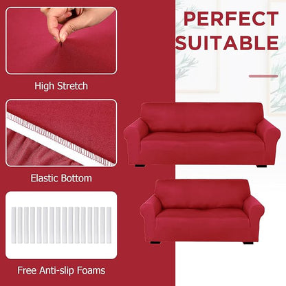 Peryiter 2 Pcs Couch and Loveseat Sofa Covers,Xmas Red,Milk Silk | Armchair Covers for Living Room, Sofa Cushion Slipcover 2/3 Seater, Furniture Protector, Polyester and Spandex, Washable