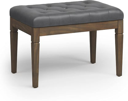 SIMPLIHOME Dahlia 18" x 46" Solid Wood Outdoor Indoor Bench in Taupe | Traditional tufted ottoman bench with carved legs; ideal bedroom or living room footstool or footrest.