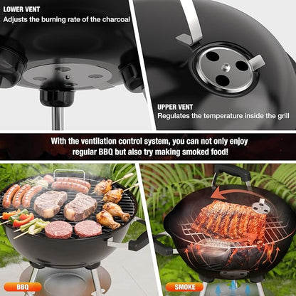 18 inch Charcoal Grill, Portable Kettle BBQ Grills, Barbecue Gift, Durable & Easy to Assemble, Round Barbecue Grill for Outdoor Cooking, Patio and Beach, Black