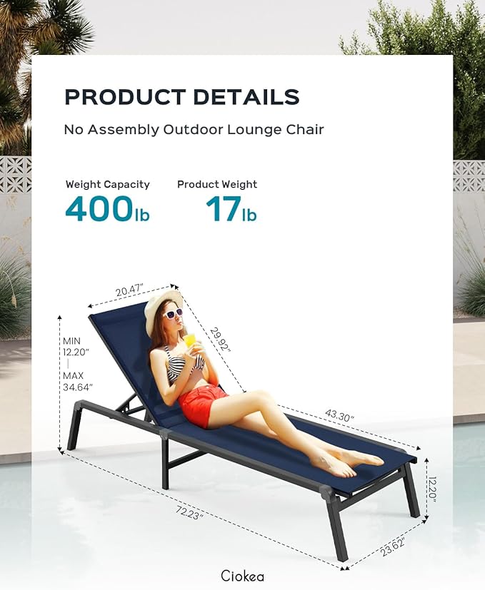 Ciokea Aluminum Foldable Lounge Chairs Set of 4 with 3 Outdoor Aluminum Side Table, Perfect Match, Suitable for Courtyard, Balcony, Lawn and Other Scenes, Navy Blue