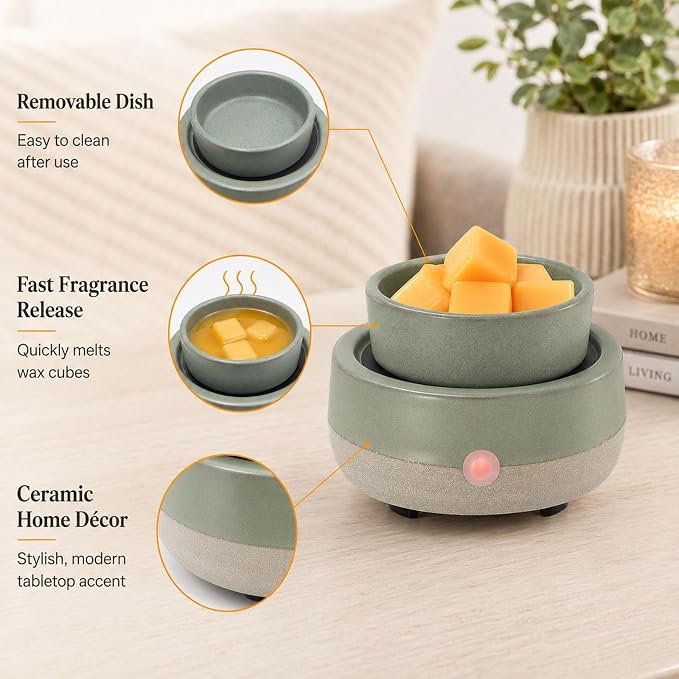 Candle Wax Melt Warmer with Timer Ceramic Electric Wax Melt 4-in-1 Oil Burner Adjusting Temperature Fits Yankee Large Jar Scented Candle for Home Decor Birthday Gifts for Women Mom Grandma Girls Green
