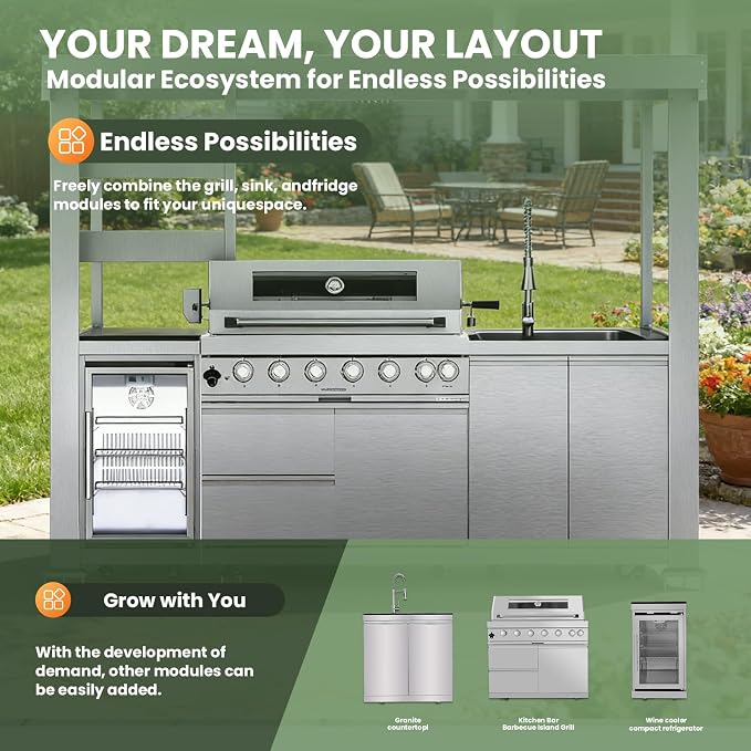 108" Outdoor Kitchen Island Crafted from Stainless Steel,6-Burner 85,000 BTU Natural Gas Grill,Rotisserie Oven,Refrigerator,Galvanized Steel Roof,Granite Countertops,Storage,Sink.(Natural Gas)