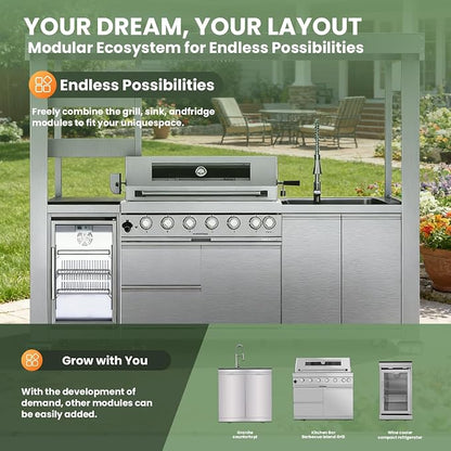 108" Outdoor Kitchen Island Crafted from Stainless Steel,6-Burner 85,000 BTU Natural Gas Grill,Rotisserie Oven,Refrigerator,Galvanized Steel Roof,Granite Countertops,Storage,Sink.(Natural Gas)