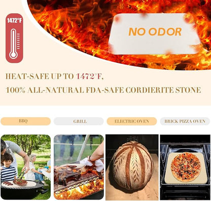 4 PCS Rectangle Pizza Stone Set, 15" Large Pizza Stone for Oven and Grill with Pizza Peel(OAK), Pizza Cutter & 10pcs Cooking Paper for Free, Baking Stone for Pizza, Bread,BBQ (Pack of 2)