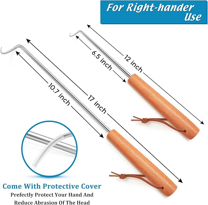 Pigtail Food Flipper Set of 2, Joyfair Stainless Steel Meat Hook & Turner Grill Tools for Outdoor BBQ Grilling & Kitchen Frying, Right Handed, Great Replacement to Tongs (12” & 17”, Wooden Handles)