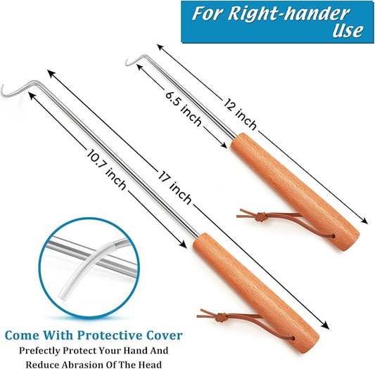 Pigtail Food Flipper Set of 2, Joyfair Stainless Steel Meat Hook & Turner Grill Tools for Outdoor BBQ Grilling & Kitchen Frying, Right Handed, Great Replacement to Tongs (12” & 17”, Wooden Handles)