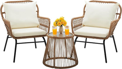 Bezseller 3-Piece Outdoor Patio Furniture Set - Modern Boho Furniture 20" Wide Seating w/ 2" Thick Cushions, 14.2" Seat Height - for Gardens, Balcony & Apartments